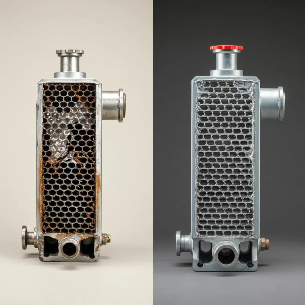 A side-by-side comparison showing a damaged heat exchanger next to a brand-new unit, illustrating the choice between repair and replacement