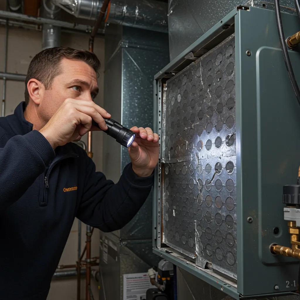 A skilled technician carefully examining a furnace heat exchanger for any signs of damage or wear