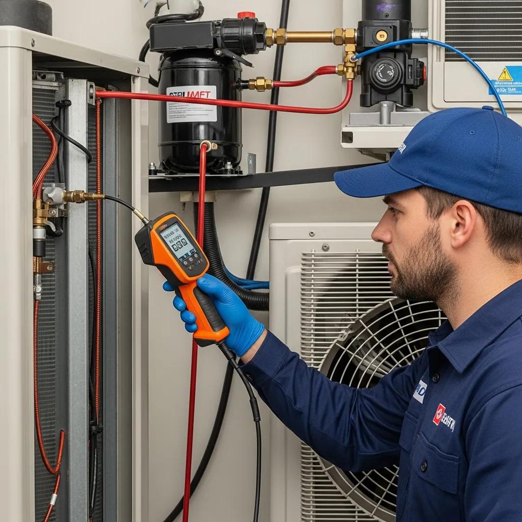 How to Repair an AC Refrigerant Leak: Quick and Easy Steps 2 Technician using an electronic leak detector to find refrigerant leaks in an HVAC system